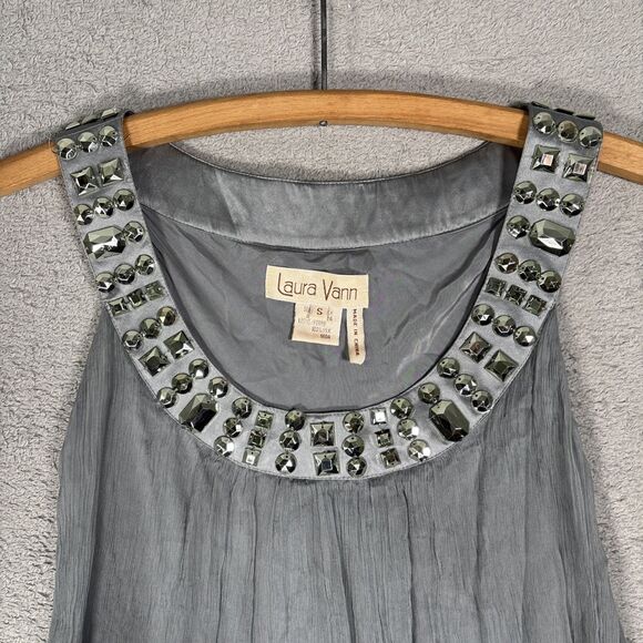 Laura Vann Women’s Size S Silk Gray Mini Dress Micro Pleat Layered Chiffon Jewel - Picture 7 of 16